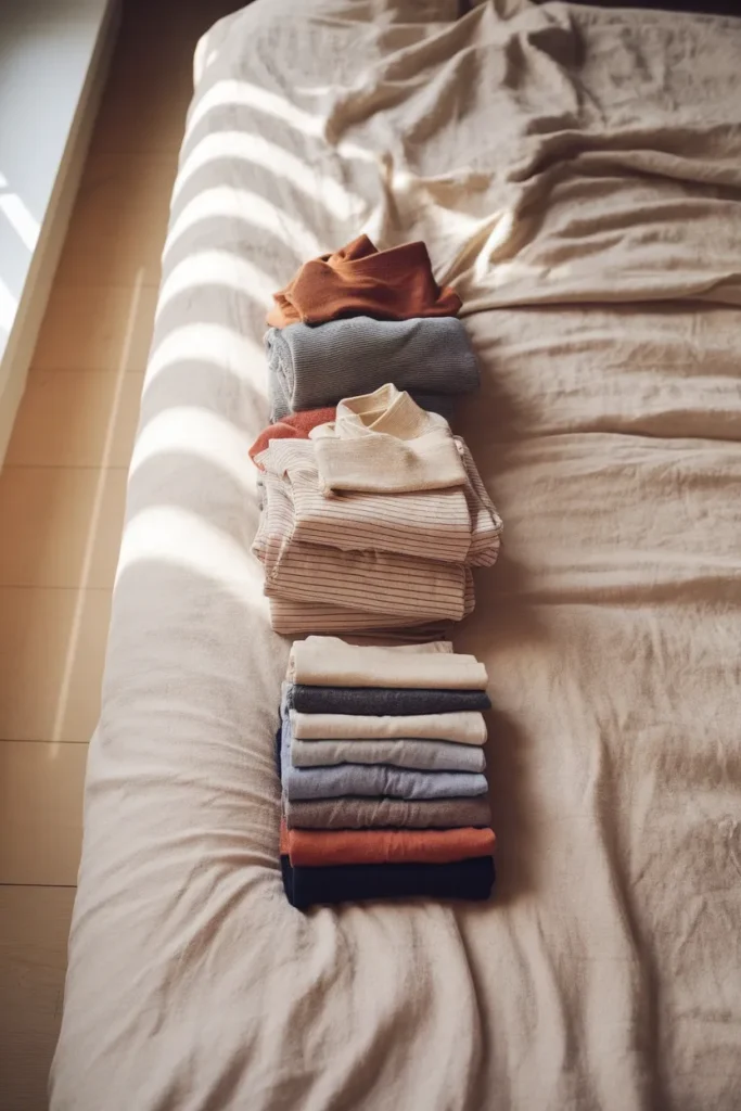 Three folded clothing piles sorted into keep, rescue and release during a color-based closet edit.