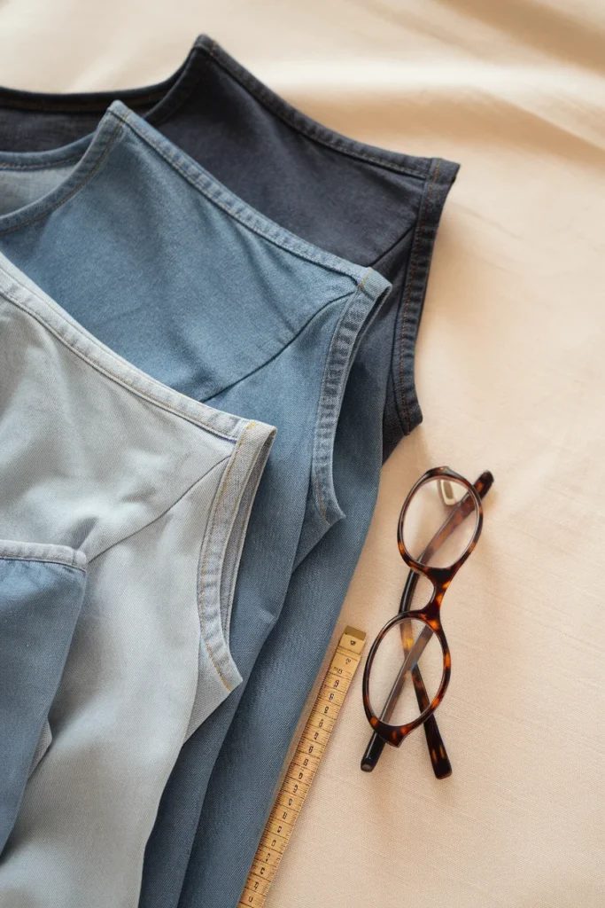 Three folded denim dresses in light, mid, and dark wash laid flat on oat linen