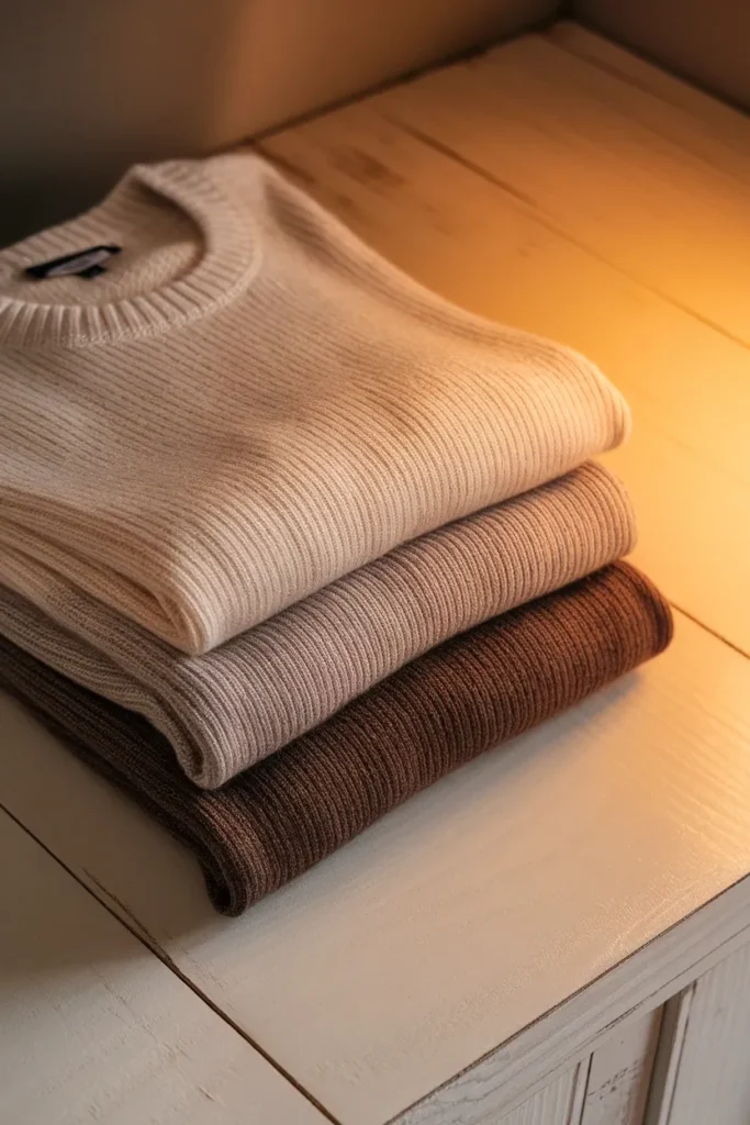 Three folded sweaters in light, mid and deep neutrals showing value depth in color analysis.