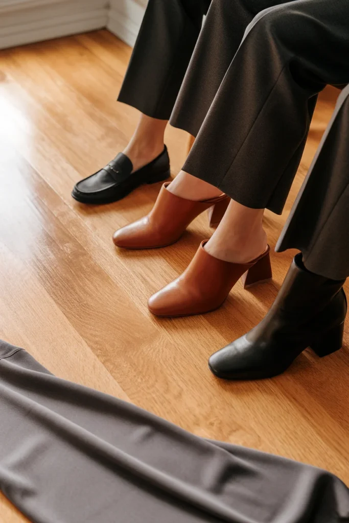 Three grey trouser hem lengths shown with loafers, heeled mules, and block heel boots