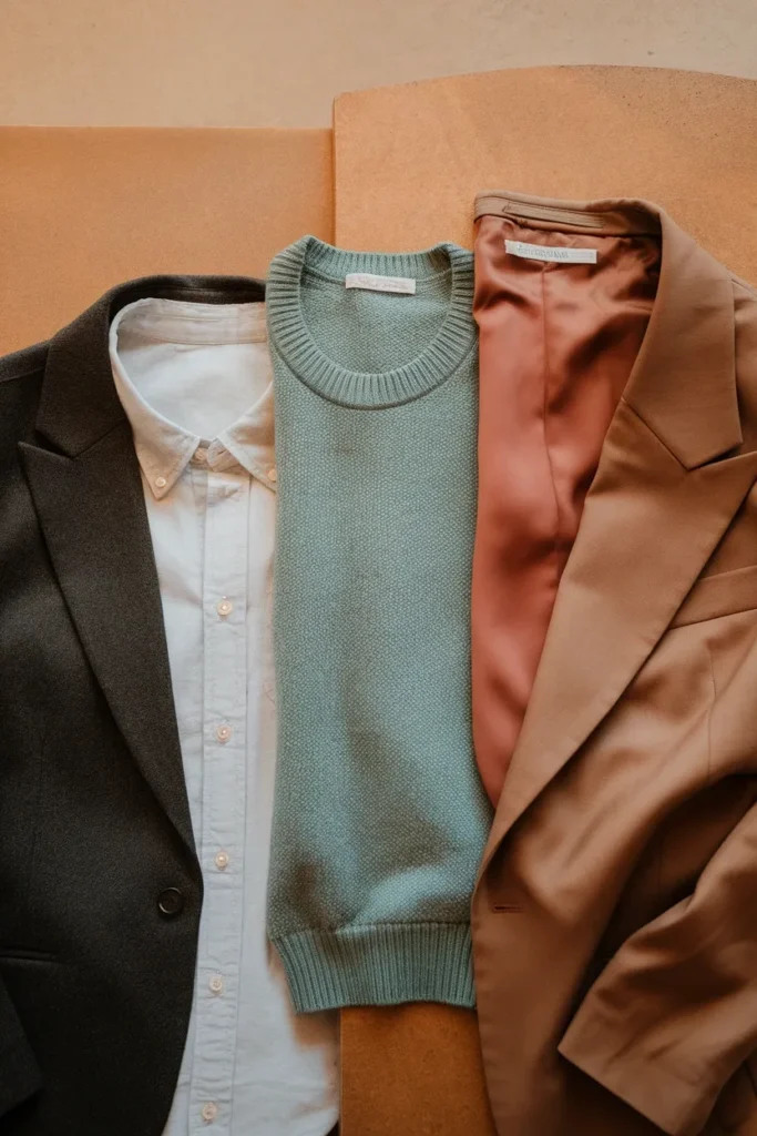 Three headshot outfit groupings for finance, tech, and real estate laid flat side by side.
