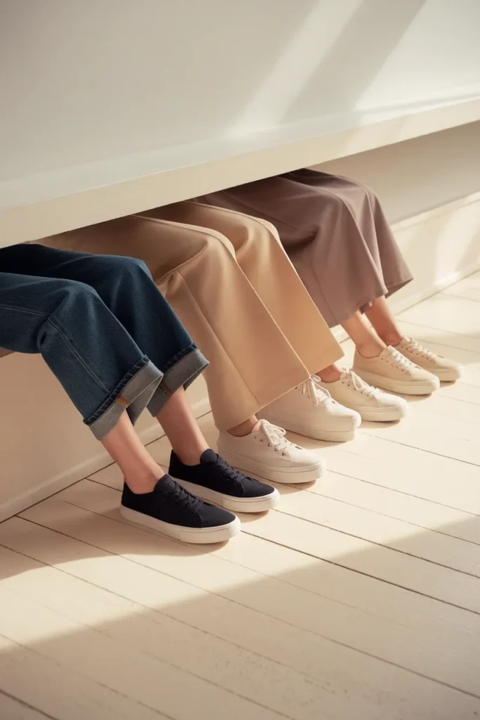 Three hem lengths shown with Converse cuffed straight-leg, wide-leg, and midi skirt