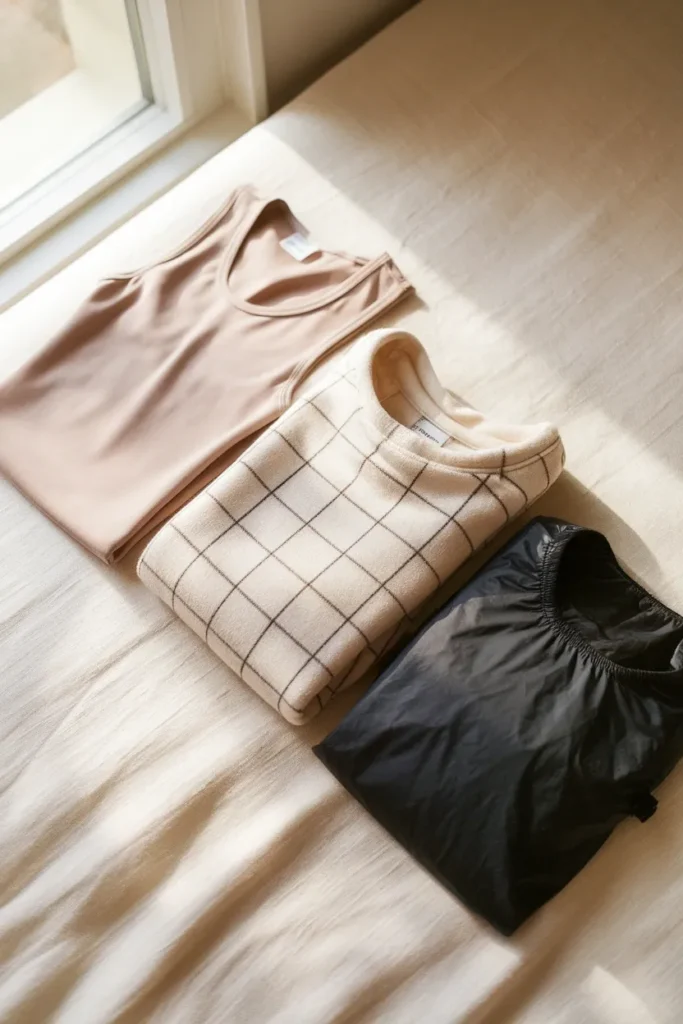 Three hiking layers side by side cream base layer, oatmeal fleece mid layer, black packable wind shell.