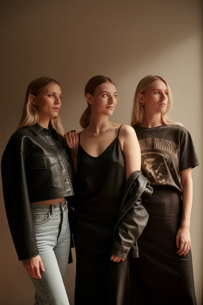 Three indie sleaze outfits styled for petite, curvy and tall proportions