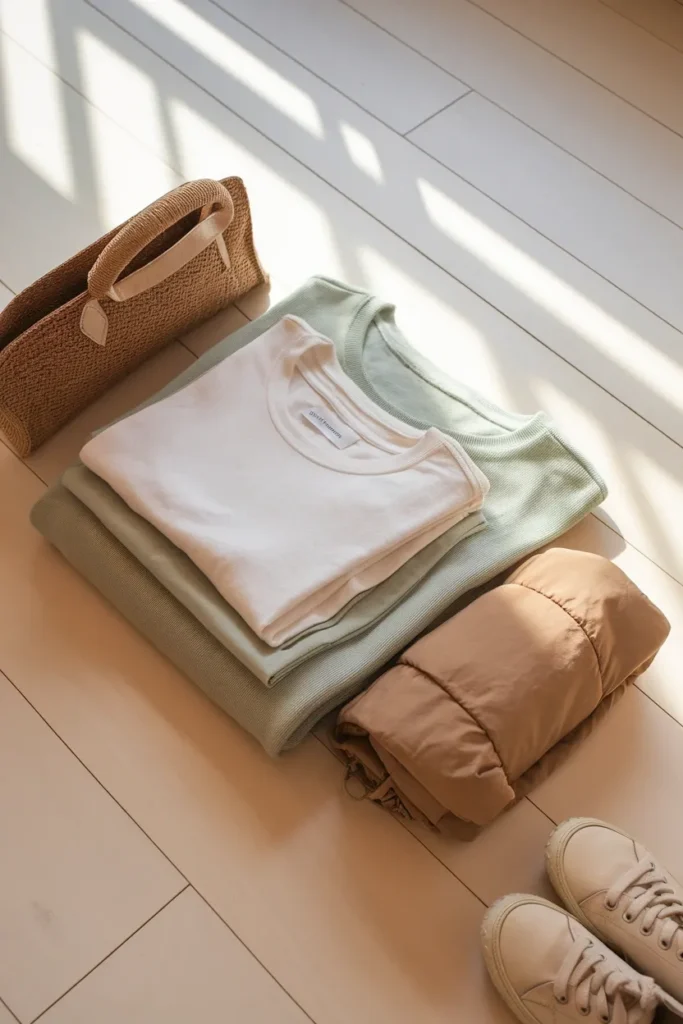 Three-layer Disneyland packing system cotton tee, sage knit, camel packable jacket