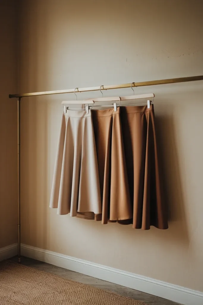 Three neutral midi skirts on wooden hangers showing hem lengths for different proportions