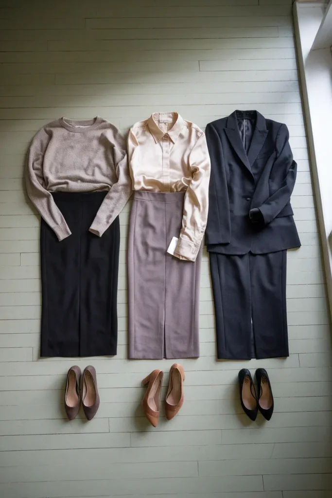 Three office siren outfits arranged from soft to sharp in a neutral palette