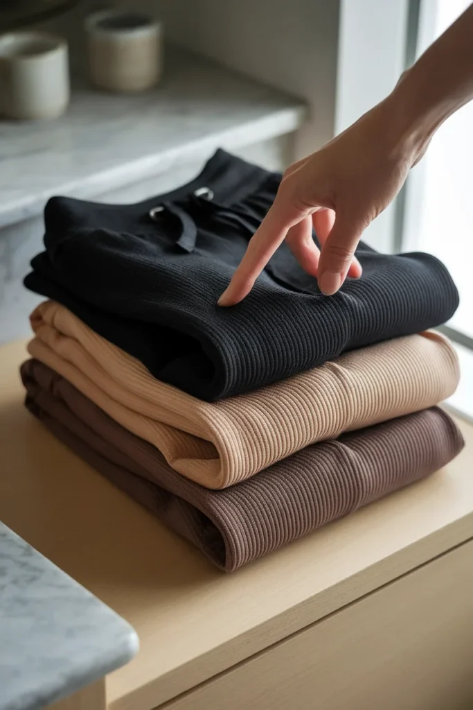 Three pairs of folded joggers in black, oat and espresso showing dense knit fabric weight