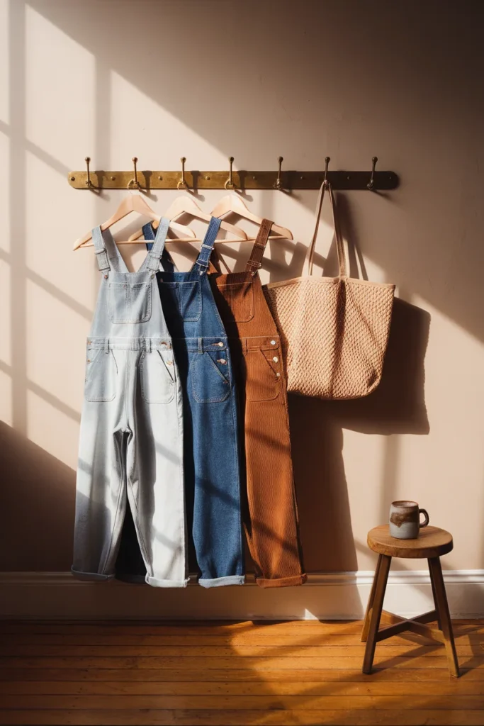 Three pairs of overalls on wooden hangers in light wash indigo and espresso corduroy