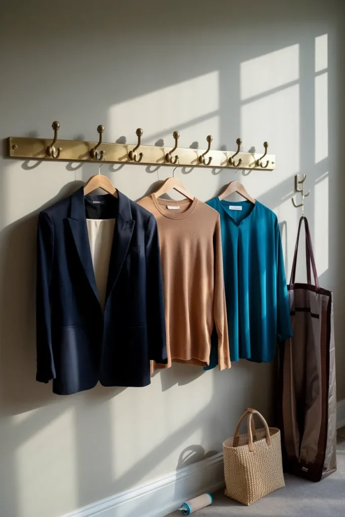 Three prepped headshot outfits hanging on brass hooks ready for a photo session.