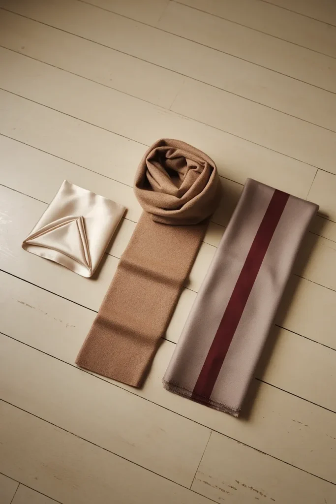 Three scarf types compared silk square, camel wool rectangle, and striped cotton scarf laid flat