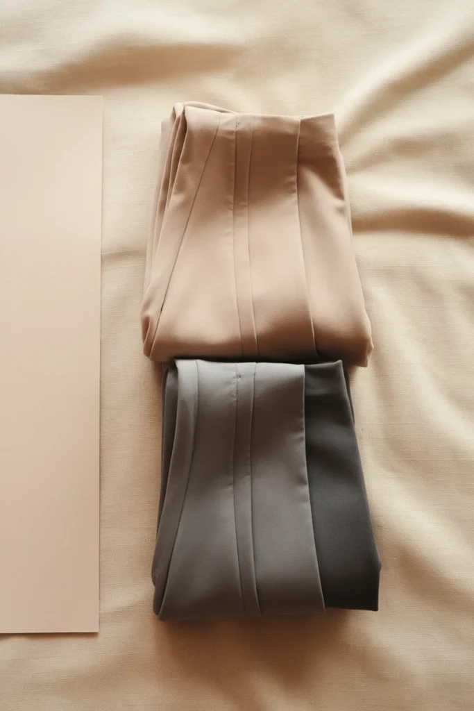Three shades of grey trousers stacked to compare light grey, ash grey, and charcoal