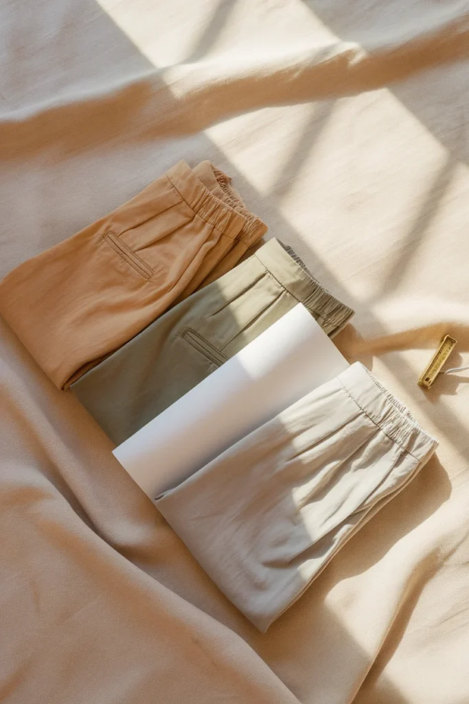 Three shades of khaki pants folded beside white paper showing undertone differences