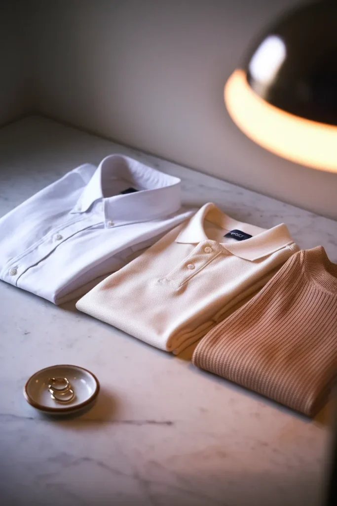 Three shades of white fabric compared side by side, optic white, ivory piqué, and oat knit