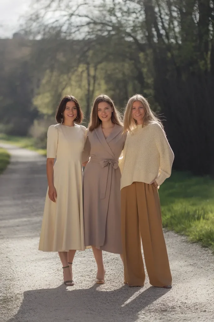 Three women in cream, taupe, and oat Easter outfits styled for different body proportions