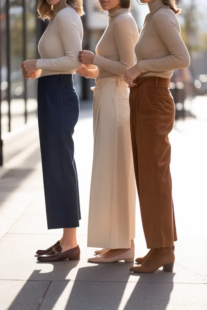 Three women in different overall cuts styled with fitted neutral knits and flat shoes
