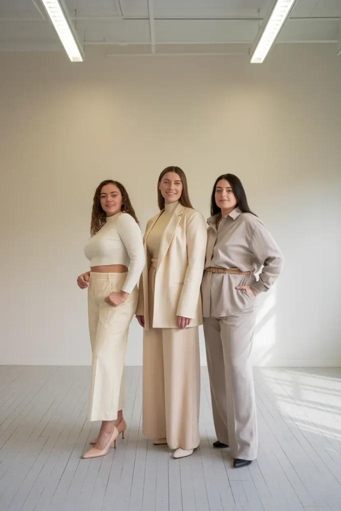 Three women in neutral first date outfits styled for petite, tall and curvy proportions