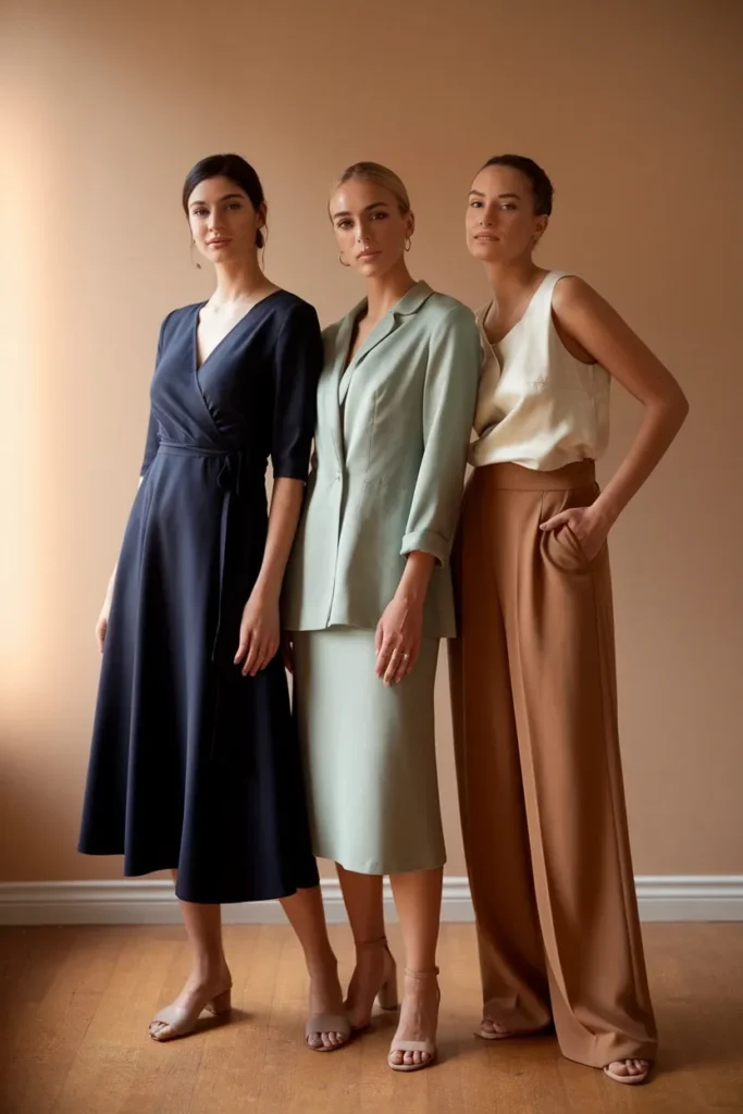 Three women in neutral wedding guest outfits showing different body shapes and heights