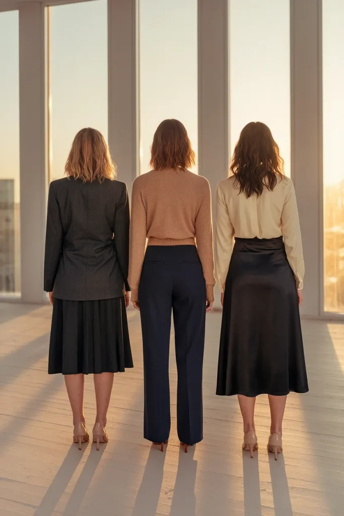 Three women in office siren outfits styled for petite, tall, and curvy proportions