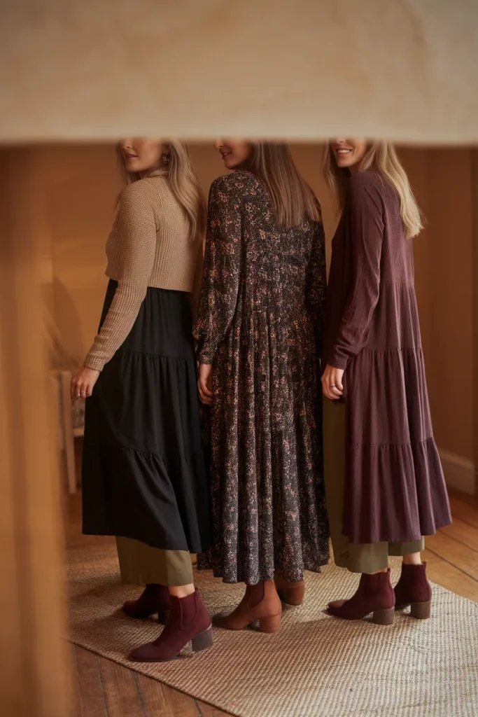 Three women in whimsigoth outfits showing tiered skirt, floral maxi dress and wide leg trouser proportions
