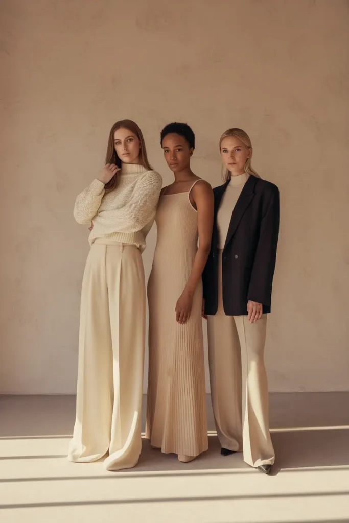 Three women of different body types in neutral tonal outfits showing clean girl aesthetic proportions.