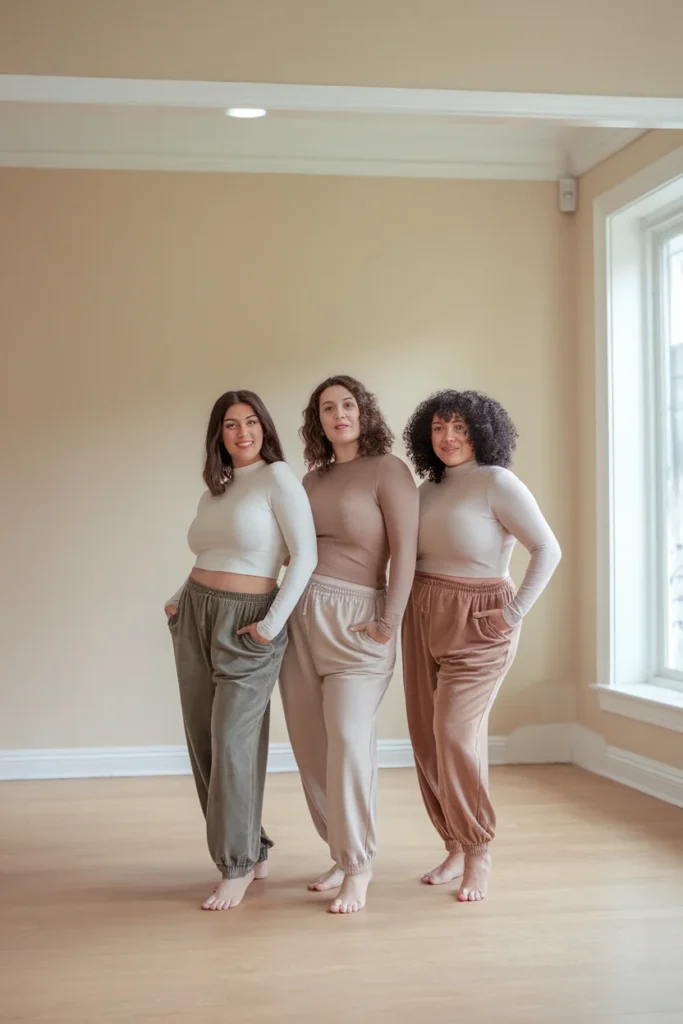 Three women of different heights and body shapes styling joggers in neutral colors