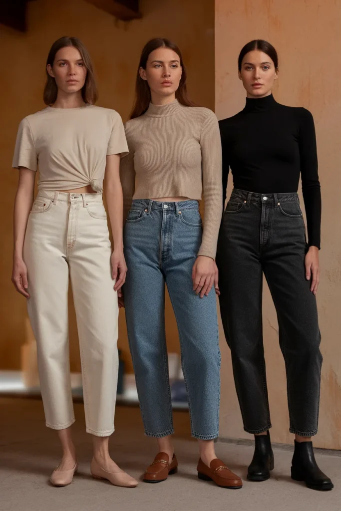 Three women of different heights and shapes styling mom jeans in three washes