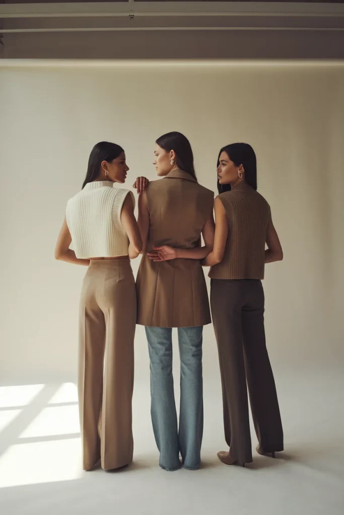Three women wearing cropped, hip-length, and longline vests showing how hem length suits different proportions