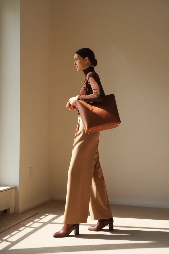 Tonal brown work outfit camel wide-leg trousers, espresso turtleneck, brown ankle boots