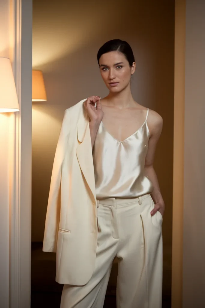 Tonal cream outfit with bone wide-leg white pants, silk camisole, and cream blazer in lamplight
