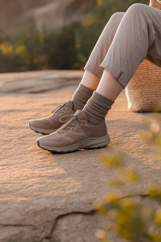 Trail runners and oatmeal merino crew socks on a hiker seated on a granite boulder.
