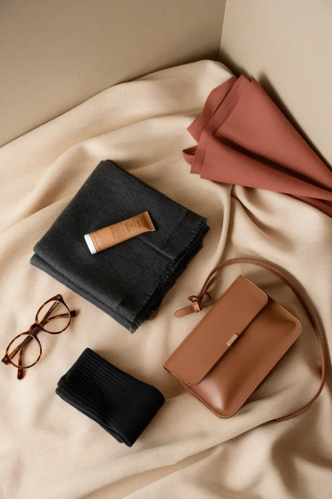 Travel accessories flat lay with wool scarf, crossbody bag, glasses and compression socks