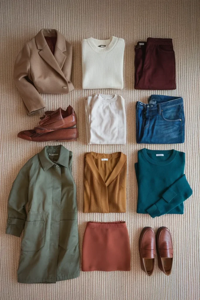 Twelve piece autumn capsule wardrobe flat lay in camel, cream, olive, teal and rust
