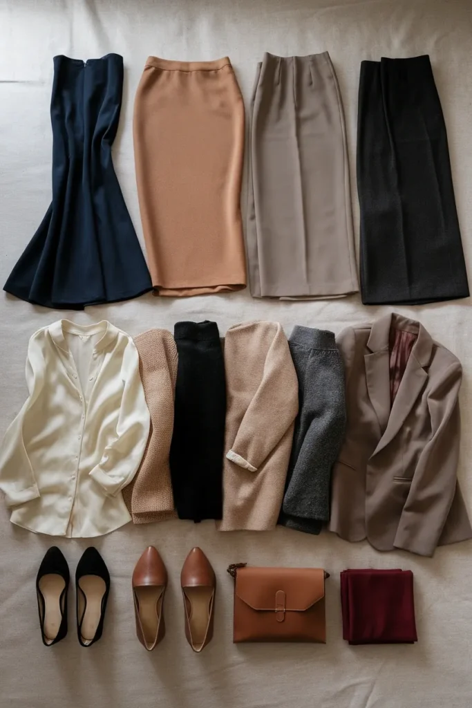 Twelve piece church capsule wardrobe flat lay in neutral colors with a burgundy scarf accent