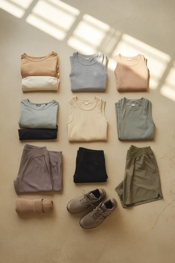 Twelve-piece hiking capsule wardrobe flat lay in oat, taupe, sage, and soft black neutrals.