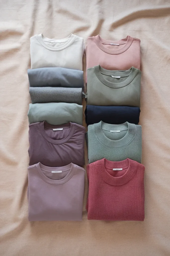 Twenty-piece Summer color palette capsule wardrobe folded in a neat overhead grid