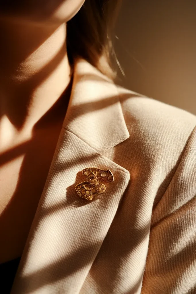 Two ornate gold brooches pinned to an oat blazer shoulder, a key fall 2026 accessory trend