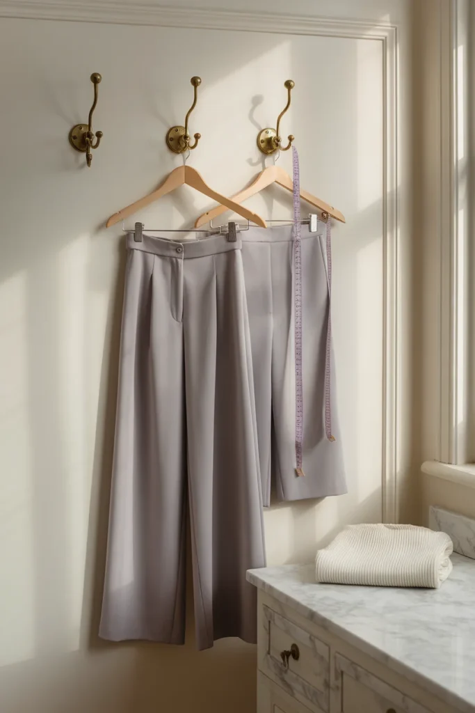 Two pairs of grey trousers on wooden hangers with a measuring tape in a bright dressing area