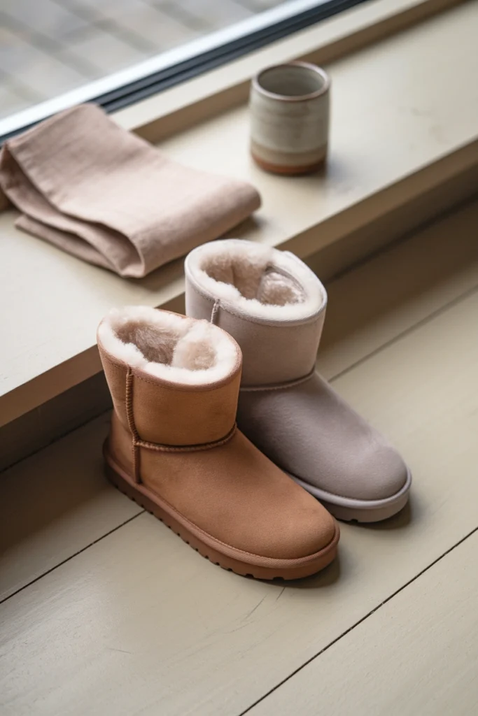 Two pairs of shearling Ugg boots compared side by side showing firm versus collapsed heel collars