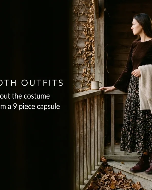 Woman in a black floral maxi skirt and espresso velvet bell sleeve top walking a leafy fall path in whimsigoth style