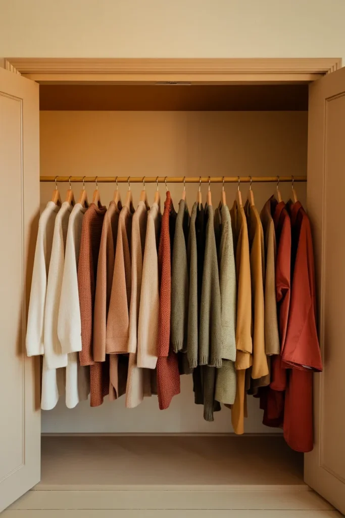 Wardrobe rail grouped by autumn colors showing the 60 30 10 neutral to accent ratio