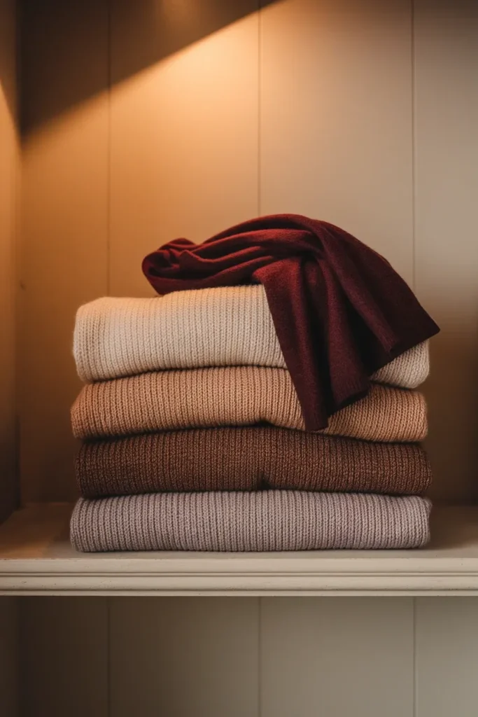 Warm neutral knit stack in oat, camel and espresso with one burgundy accent scarf