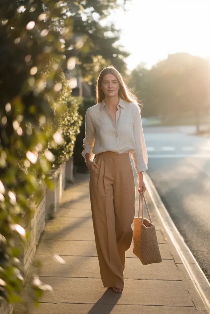 Warm spring color season outfit in ivory linen and camel trousers in golden morning light