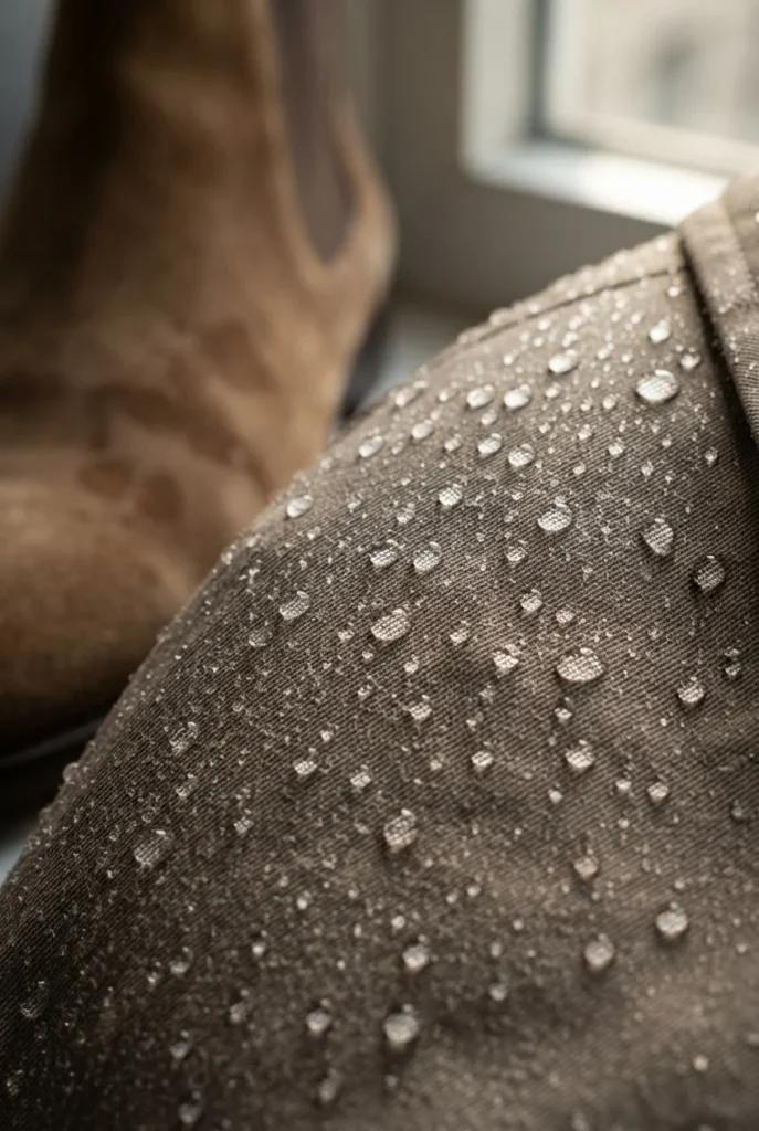 Water beading on a treated trench coat next to a suede boot with a water mark.