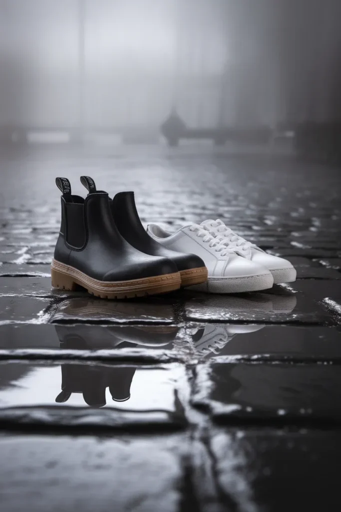 Waterproof Chelsea boots and white leather sneakers on wet Irish cobblestones, the two-pair rule.
