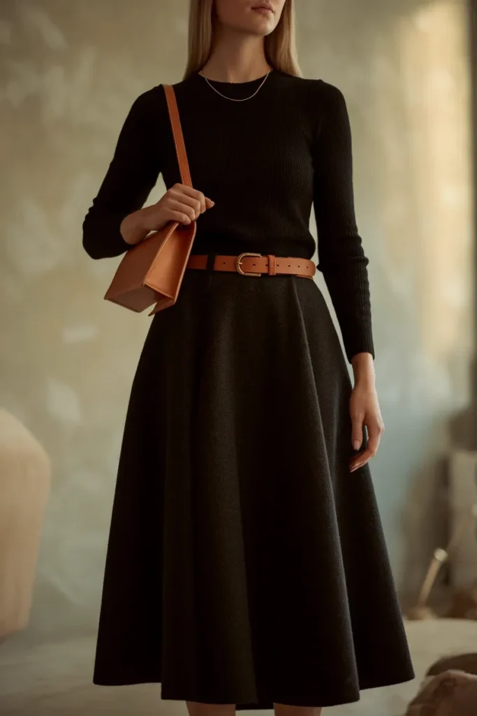 Wearing brown with black cognac leather belt and bag bridging a black skirt and brown boots