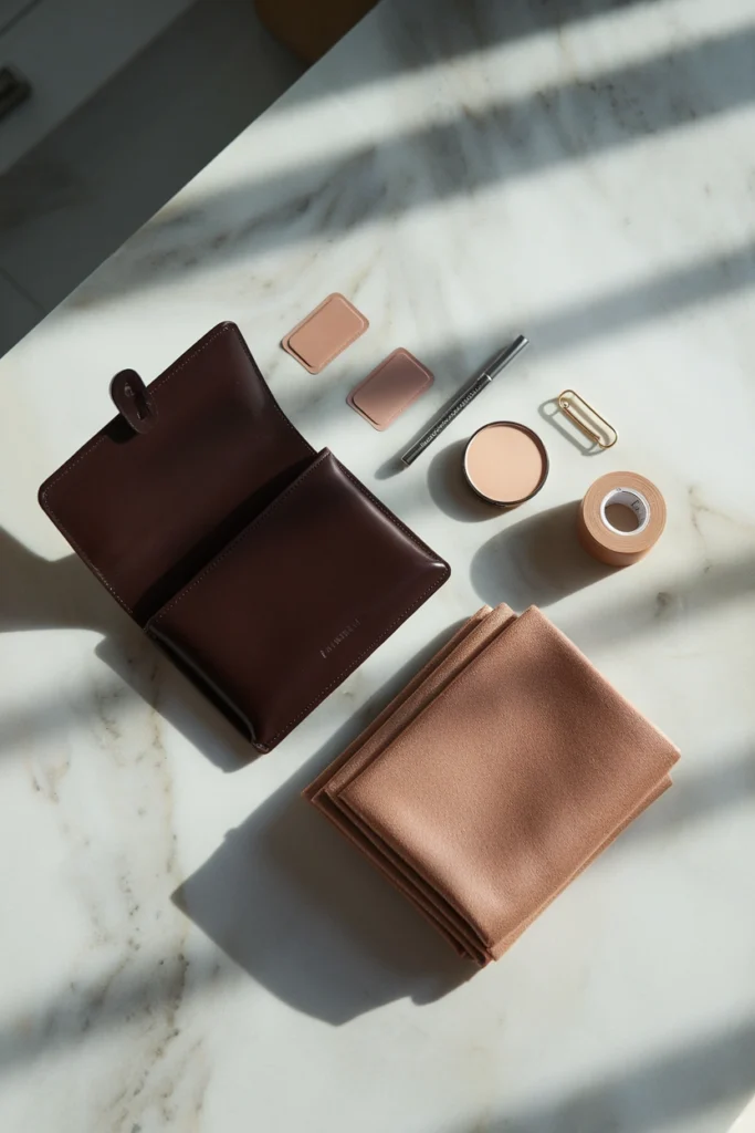 Wedding guest clutch essentials including blister patches, stain pen and fashion tape