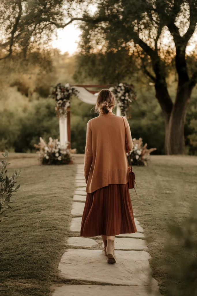Wedding guest in a terracotta midi dress walking to an outdoor ceremony in golden light