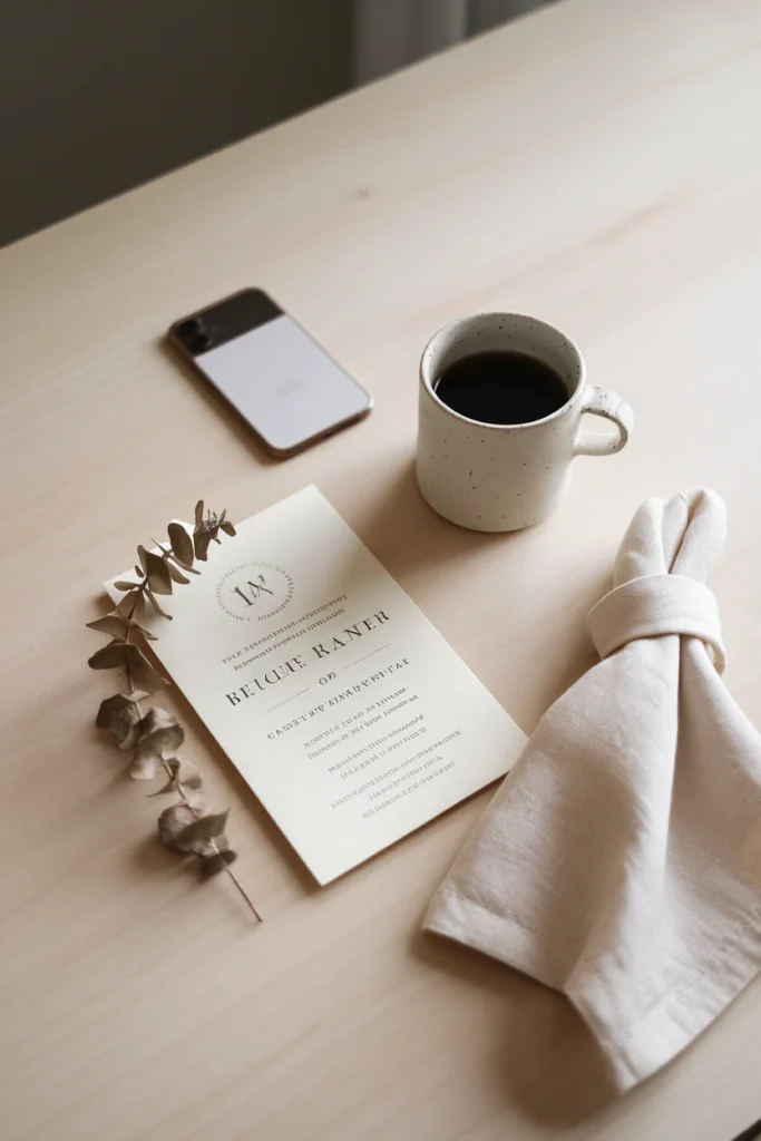 Wedding invitation flat lay with coffee and eucalyptus in soft overhead light