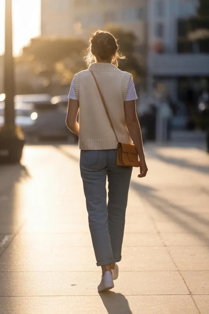 Weekend tenniscore outfit with cream knit vest, white tee, jeans, and white sneakers on a city street